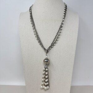 Vintage Tassel Necklace‎ Faux Pearl Silver-Tone Multi-Strand Chains Classic